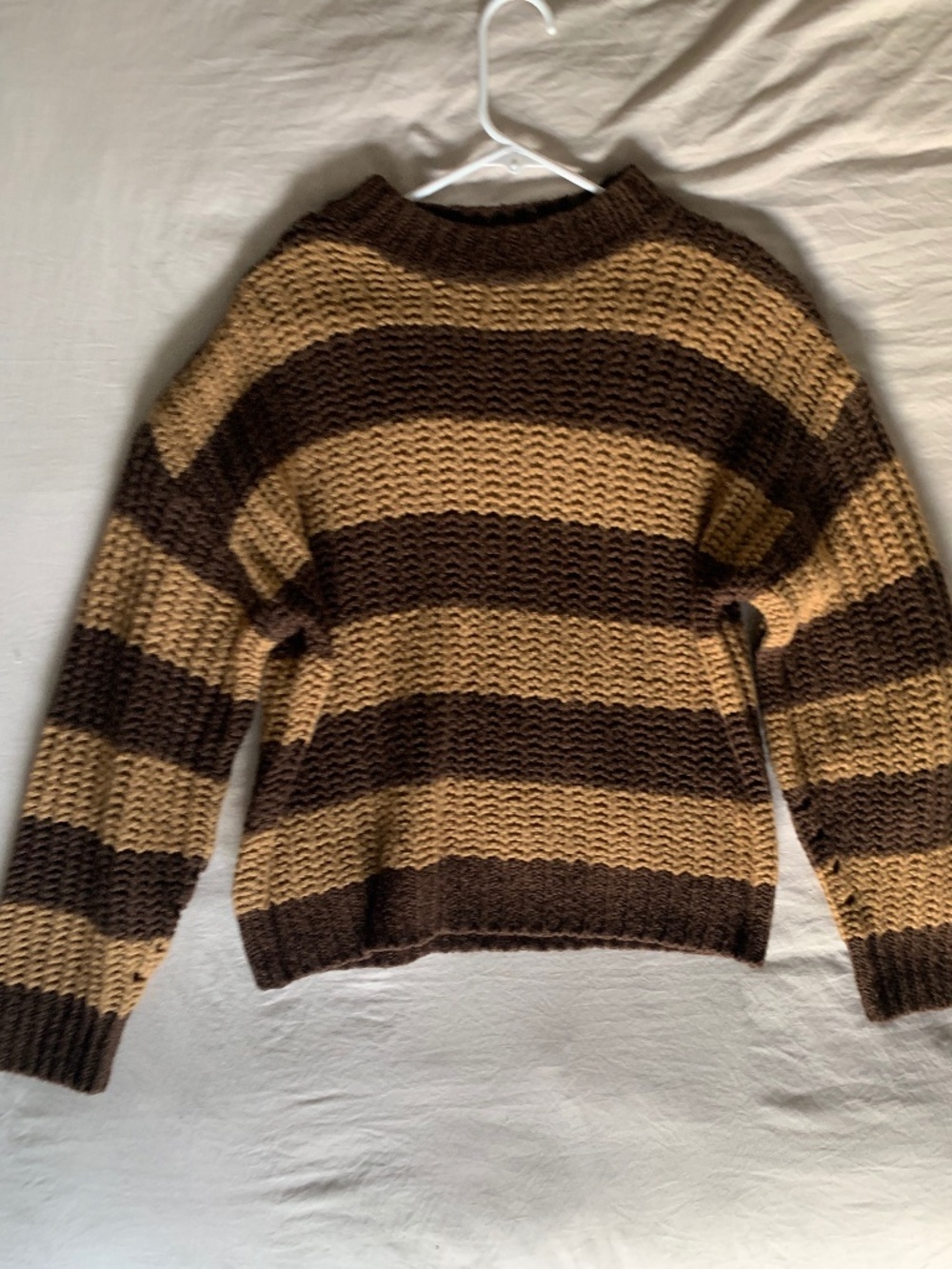 Striped Chunky Knit Crewneck Sweater Brown Tan Small/Medium Cozy Fall Winter - Picture 3 of 3